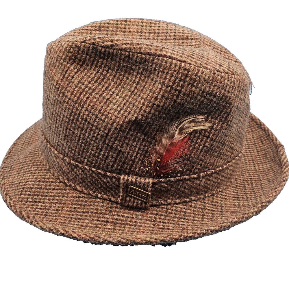 Vintage Adam of New York Wool Tweed Fedora w/feather Silk Lining 7-7-1/8 Brown